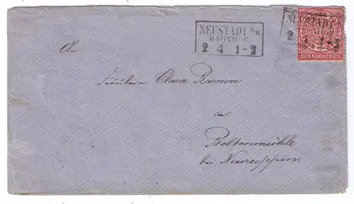 NDP um 1870 / Nachverw. Ra3  "NEUSTADT E/W BAHNHOF" - adressiert an die Boltenmühle bei Neuruppin