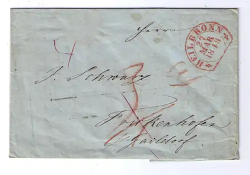 Vorphila Württemberg 1848 / perfekter Steigbügelstempel HEILBRONN / gel. nach Frickenhofen bei Gaildorf