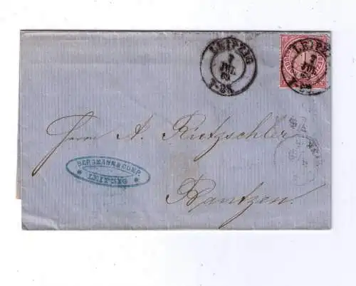 NDP 7.7.1869 / K2 LEIPZIG - Nachverwendung Sa149 / Firmen-Ovalstempel / gelaufen nach Bautzen