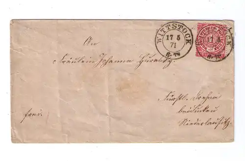 NDP 17.5.1871 / K2 WITTSTOCK - Nachverwendung Pr3578 / adressiert an Fräulein Johanna in "Fürstlich Drehna bei Luckau"