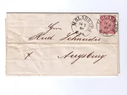 NDP 14.8.1869 / K2 M.GLADBACH - Nachverwendung Pr2185 / gelaufen nach Augsburg / Rückseite Bahnhof-Stempel