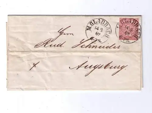 NDP 14.8.1869 / K2 M.GLADBACH - Nachverwendung Pr2185 / gelaufen nach Augsburg / Rückseite Bahnhof-Stempel