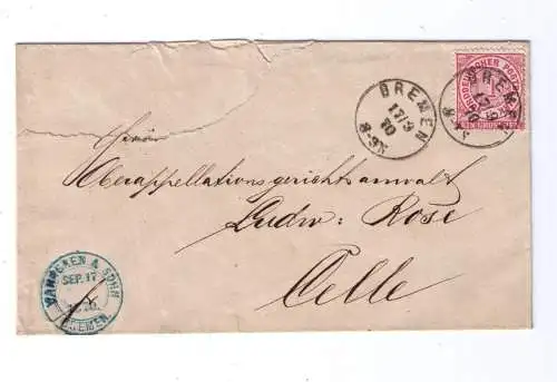 NDP 17.9.1870 / K1 BREMEN - Nachverwendung Pr427 / gel. nach CELLE - rs Siegelstempel