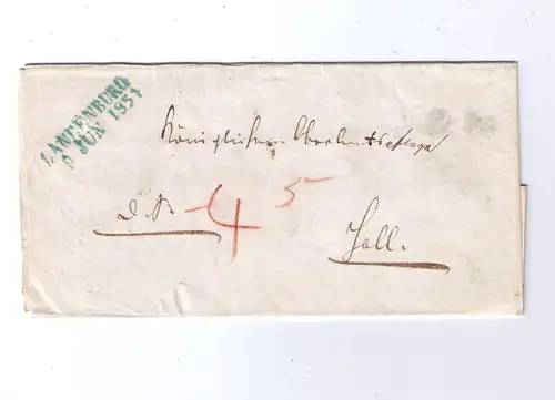 Vorphila Württemberg 1851 / L2 Langenburg - gelaufen nach Hall / mehrfach verwendet - rs L2 Künzelsau