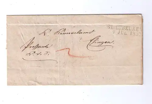 Vorphila Württemberg 1850 / L2 Blaubeuren / gelaufen nach Ehingen / mit hds. EILT-Vermerk "pressante"