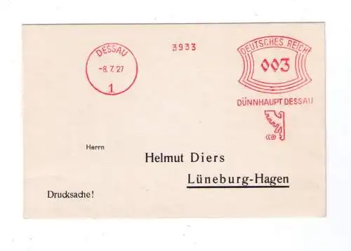 DR Absenderfreistempel - Dessau 1927 - Firma "Dünnhaupt DESSAU"