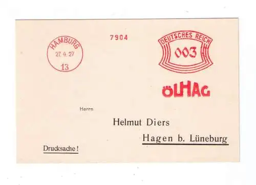 DR Absenderfreistempel - Hamburg 1927 - Firma "ÖLHAG"