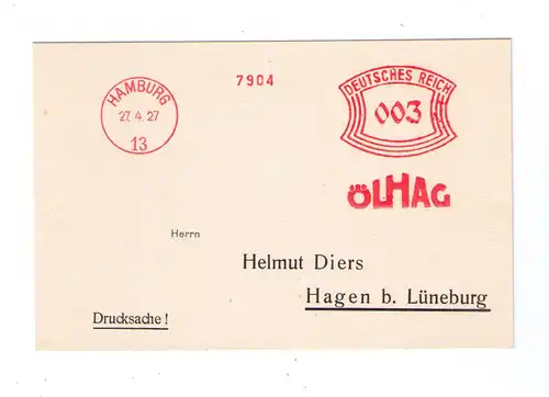 Deutsches Reich Hamburg 1927 - Freistempler - Firma ÖLHAG