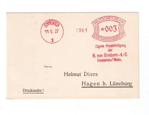 DR Absenderfreistempel - Emmerich 1927 - Firma "H. von Gimborn A. G."