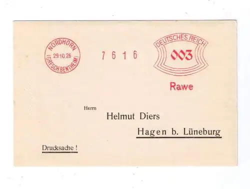 DR Absenderfreistempel - NORDHORN (Grfsch. Bentheim) 1926 - Firma "Rawe"