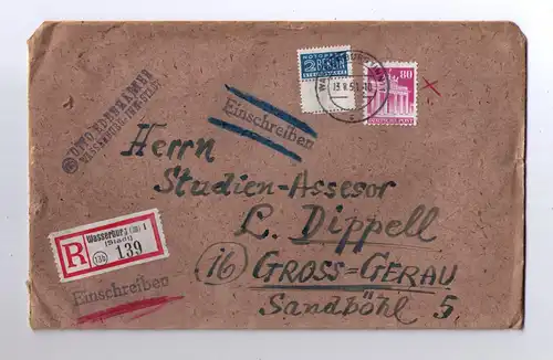 1951 R-Brief aus Wasserburg am Inn / adressiert nach Gross-Gerau / Notopfer vom Unterrand