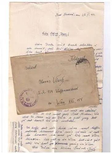 Feldpost 1941 Bad Fischau / Brief eines Flieger an die Waffenmeisterei in Wien
