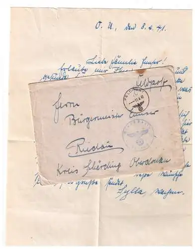Feldpost 1941 - Brief von der FPN 28444 an den Bürgermeister von Rudau (OD)