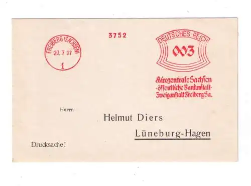 DR Absenderfreistempel - FREIBERG (Sachsen) 1927 - "Girozentrale öffentliche Bankanstalt"