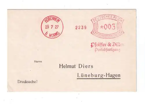 DR Absenderfreistempel - Horchheim b. Worms 1927 - Firma "Pfeiffer & Diller"