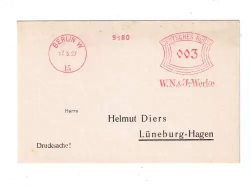 DR Absenderfreistempel - Berlin W 1927 - Firma "W.N. & J.-Werke"