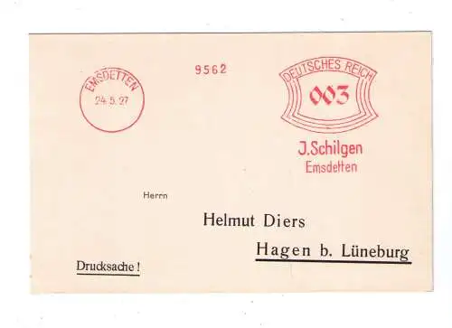 DR Absenderfreistempel - Emsdetten 1927 - Firma "J. Schilgen"