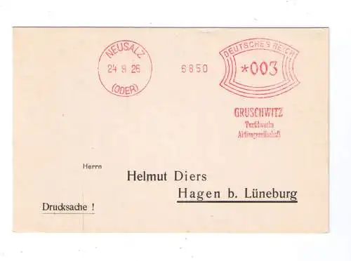 DR Absenderfreistempel - Neusalz (Oder) 1926 - Firma "Gruschwitz Textilwerk AG"