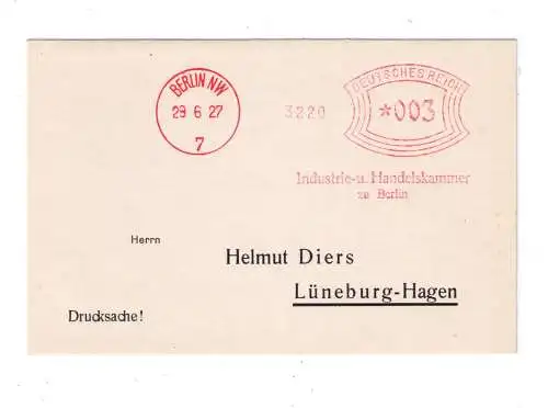 DR Absenderfreistempel - Berlin NW 1927 - "Industrie- und Handelskammer"