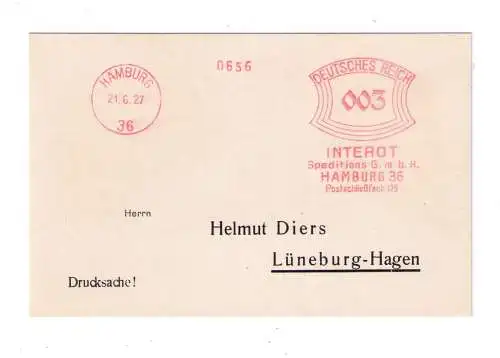 DR Absenderfreistempel - Hamburg 1927 - Firma "INTEROT Spedition G.m.b.H."