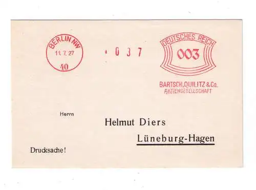 DR Absenderfreistempel - Berlin NW 1927 - Firma "Bartsch, Quilitz & Co AG"