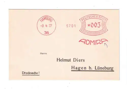 DR Absenderfreistempel - Hamburg 1927 - Firma "ADMIRA"