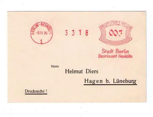 DR Absenderfreistempel - Berlin Neukölln 1926 - "Stadt Berlin Berzirksamt"