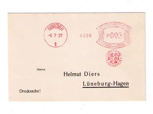 DR Absenderfreistempel - Hannover 1927 - Firma "Hackethal"