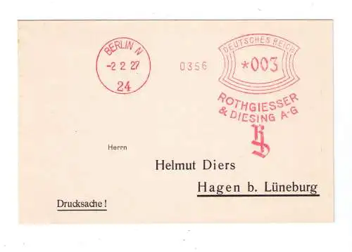 DR Absenderfreistempel - Berlin N 1927 - Firma "Rothgiesser & Diesing AG"