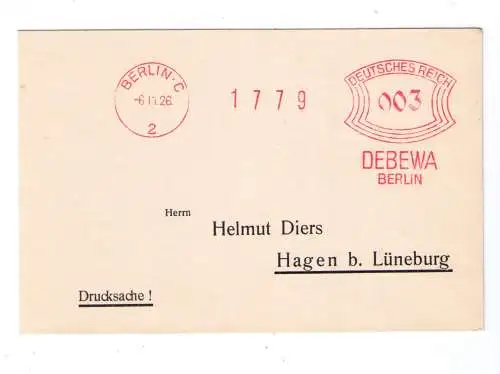 DR Absenderfreistempel - Berlin C 1926 - Firma "DEBEWA"