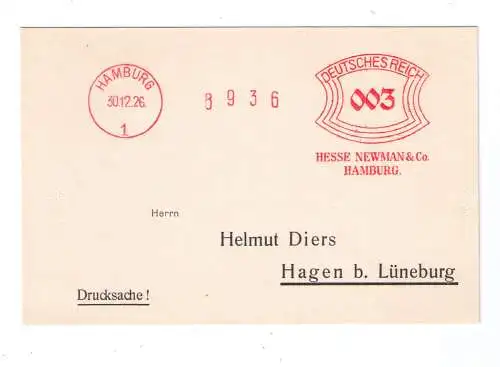 DR Absenderfreistempel - Hamburg 1926 - Firma "Hesse Newman & Co"