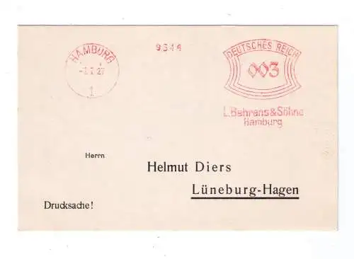 DR Absenderfreistempel - Hamburg 1927 - Firma "L. Behrens & Söhne"