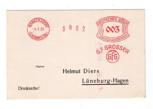 DR Absenderfreistempel - Markersdorf (Chemnitztal) 1927 - Firma "G. F. Grosser"