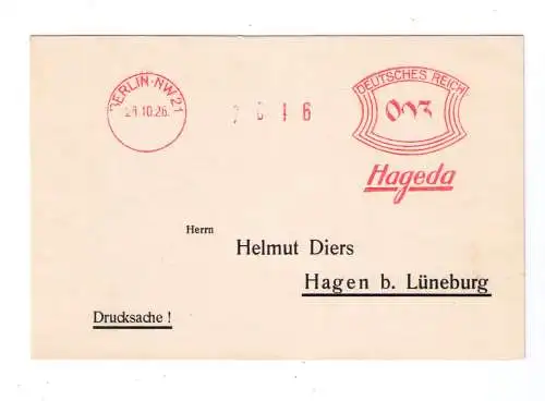 DR Absenderfreistempel - Berlin NW 1926 - Firma "HAGEDA"