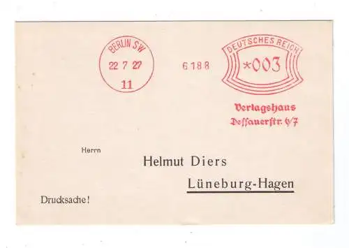 DR Absenderfreistempel - Berlin SW 1927 - "Verlagshaus"