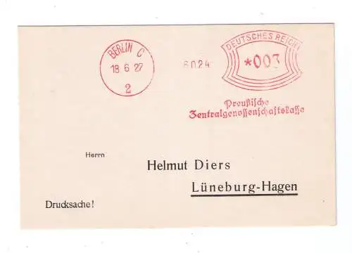 DR Absenderfreistempel - Berlin C 1927 - "Preußische Zentralgenossenschaftskasse"