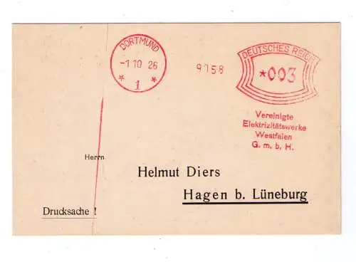 DR Absenderfreistempel - Dortmund 1926 - "Vereinte Elektrizitätswerke Westfalen G.m.b.H."