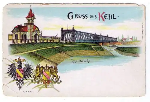 Litho ca. 1900 - "Gruß aus Kehl mit Rheinbrücke" - Weltpostverein