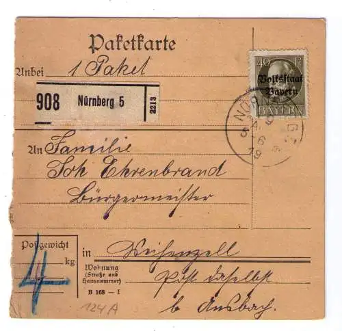 1919 Paketkarte Bayern - Paket aus Nürnberg an den Bürgermeister von Weihenzell bei Ansbach