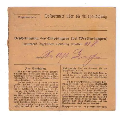 1919 Paketkarte Bayern - Paket aus Nürnberg an den Bürgermeister von Weihenzell bei Ansbach