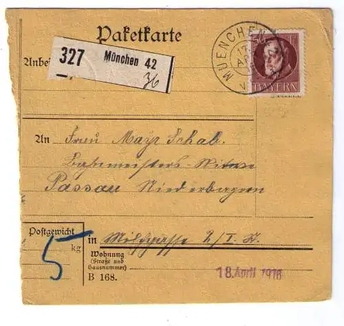 1916 Paketkarte Bayern - 5 kg-Paket aus München an Bahnmeisterswitwe in Passau