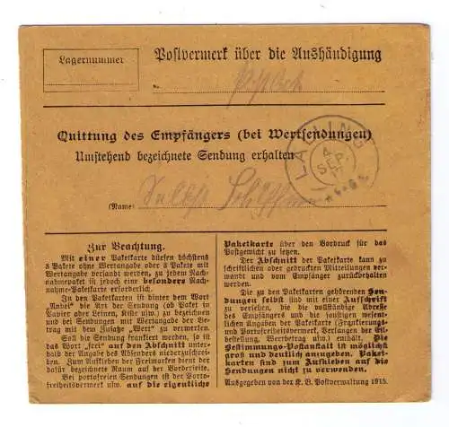 1917 Paketkarte Bayern - adressiert an eine Gasthofbesitzerin in Rohrstetten bei Lalling