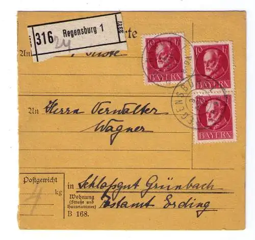 1917 Paketkarte Bayern - aus Regensburg an Schloßgutverwalter in Grünbach bei Erding