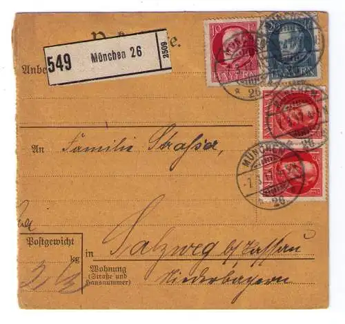 1917 Paketkarte Bayern - adressiert nach Salzweg bei Passau / König Ludwig Buntfrankatur