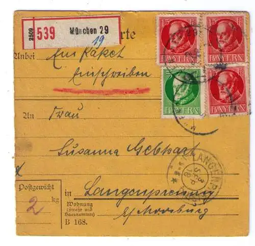 1918 Paketkarte Bayern - Einschreibe-Paketkarte nach Langenpreising bei Moosburg