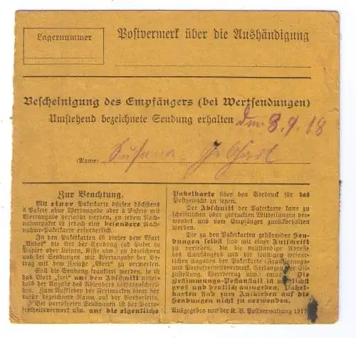 1918 Paketkarte Bayern - Einschreibe-Paketkarte nach Langenpreising bei Moosburg