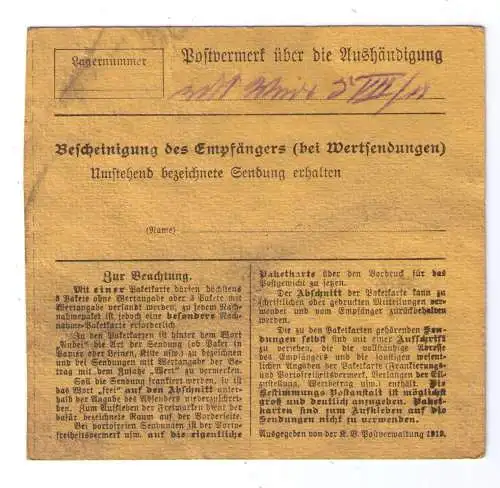 1918 Paketkarte Bayern - "Durch Eilbote - Express" von München nach Grünbach bei Erding