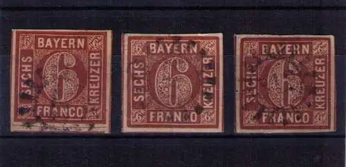 Briefmarken Bayern 1850/58 - 3 Marken Michel 4 II Mühlradstempel