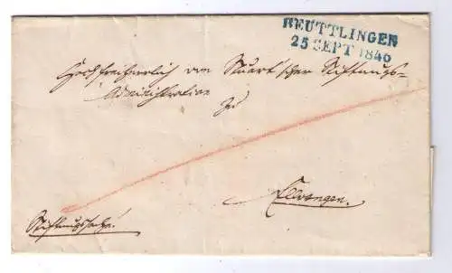 Vorphila  Württemberg 1846 / blauer L2 REUTTLINGEN - adressiert nach Ellwangen