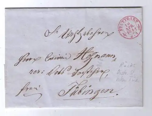 Vorphila  Württemberg 1849 / roter L2 Stuttgart, adressiert nach Tübingen